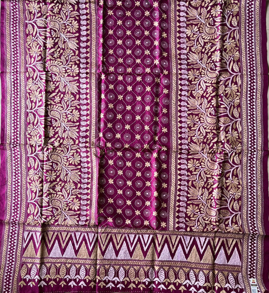 Kantha Stitch Hand Embroidary Full Work Pure Banglore Silk Dupatta.(With Silk Mark)