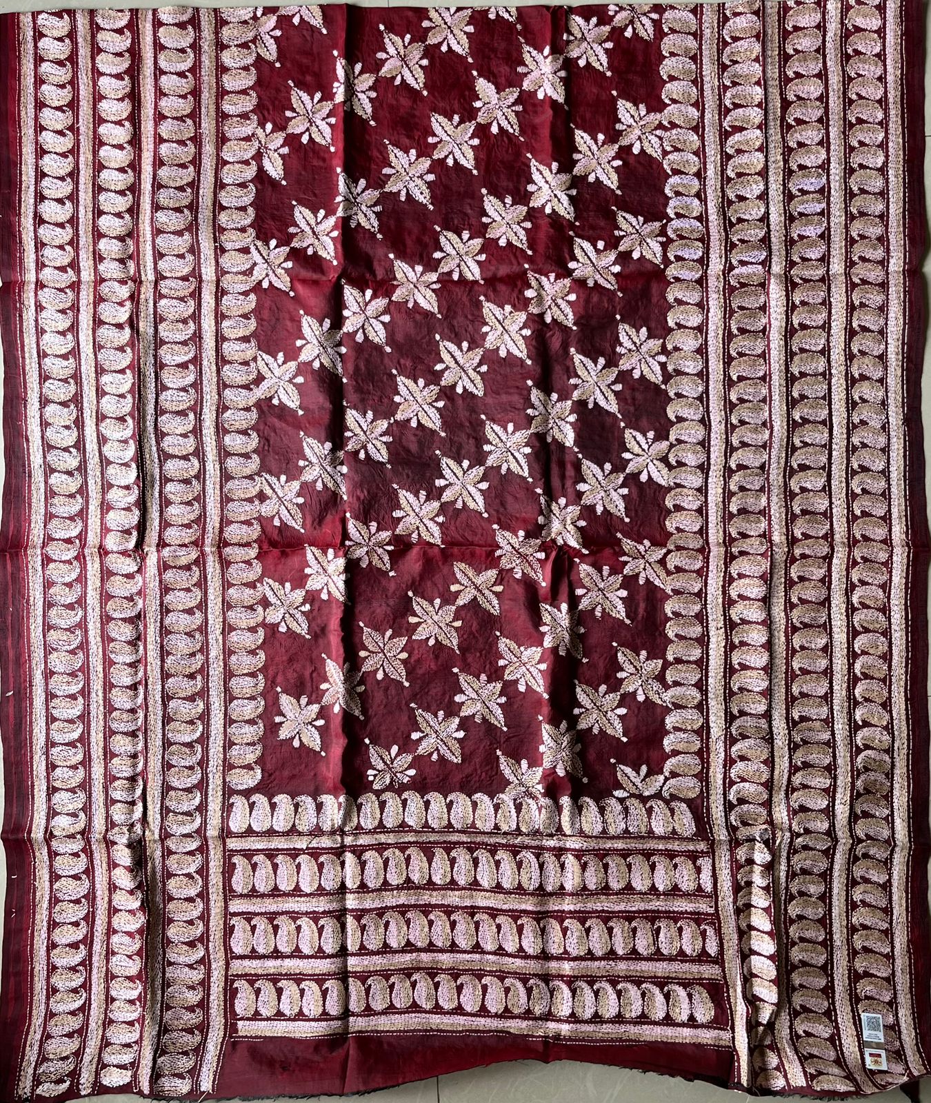 Kantha Stitch Hand Embroidary Full Work Pure Banglore Silk Dupatta.(With Silk Mark)