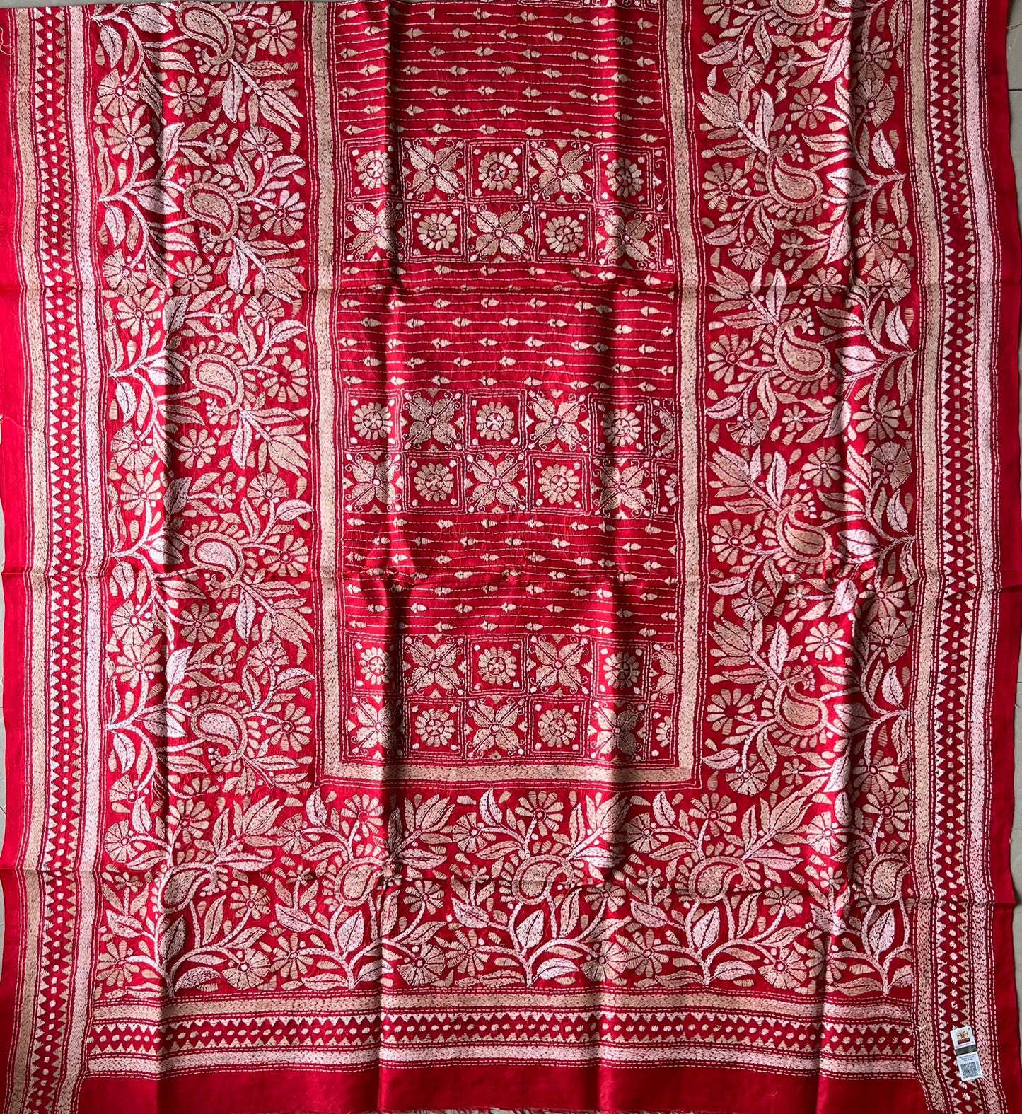 Kantha Stitch Hand Embroidary Full Work Pure Banglore Silk Dupatta.(With Silk Mark)