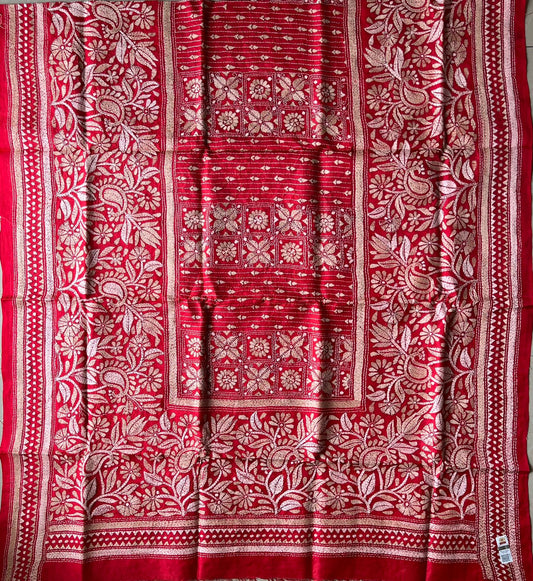 Kantha Stitch Hand Embroidary Full Work Pure Banglore Silk Dupatta.(With Silk Mark)