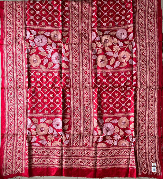 Kantha Stitch Hand Embroidary Full Work Pure Banglore Silk Dupatta.(With Silk Mark)