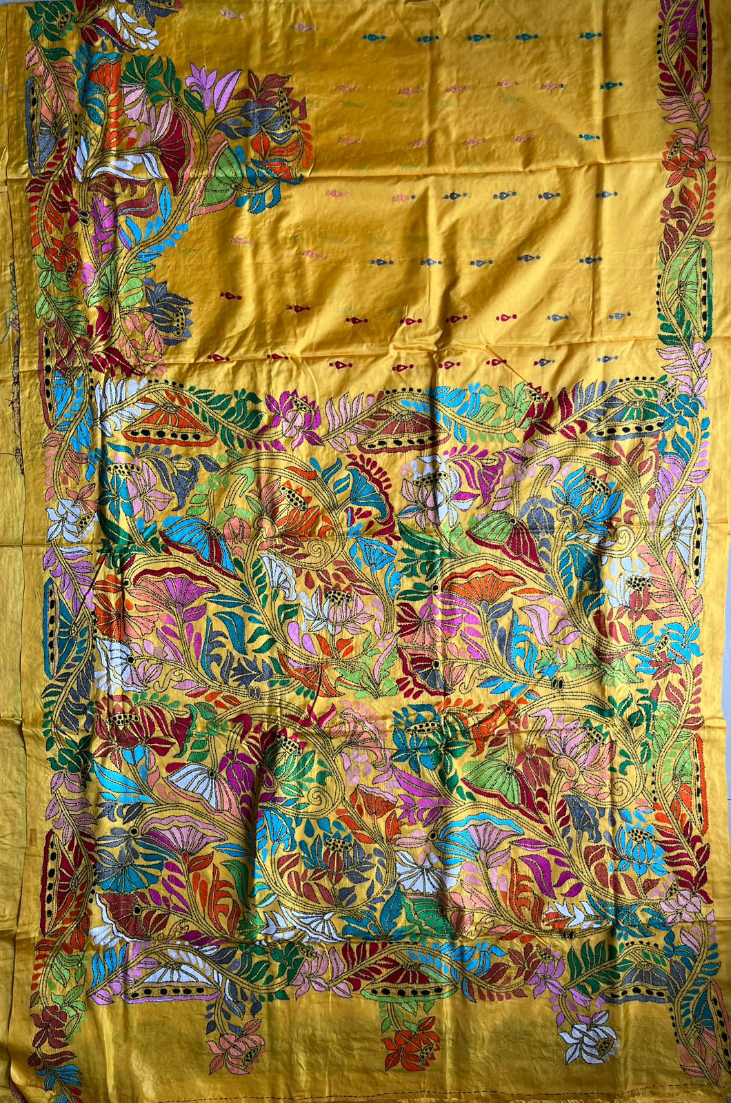 Yellow Kantha Stitch Hand Work Embroidered Art Silk Saree With Blouse