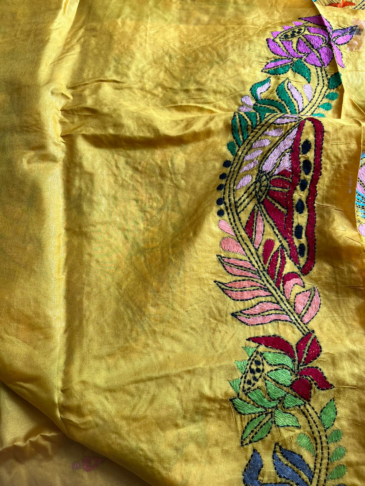 Yellow Kantha Stitch Hand Work Embroidered Art Silk Saree With Blouse