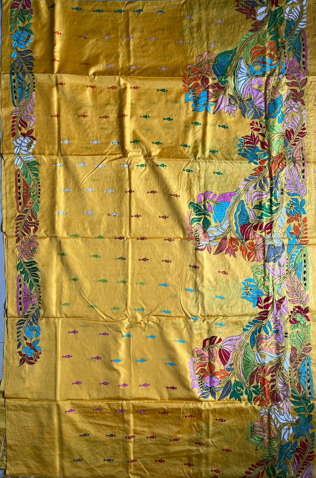 Yellow Kantha Stitch Hand Work Embroidered Art Silk Saree With Blouse