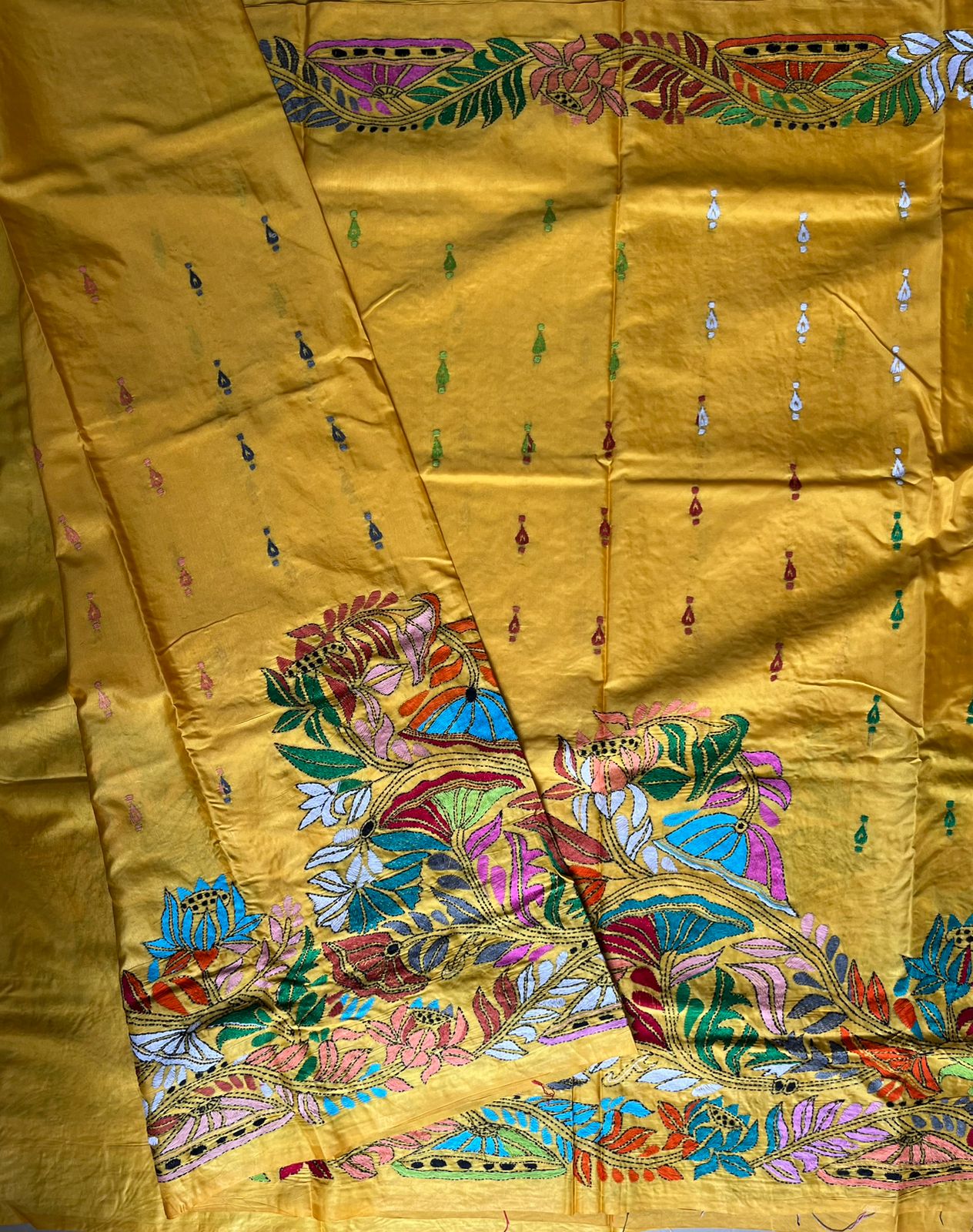 Yellow Kantha Stitch Hand Work Embroidered Art Silk Saree With Blouse