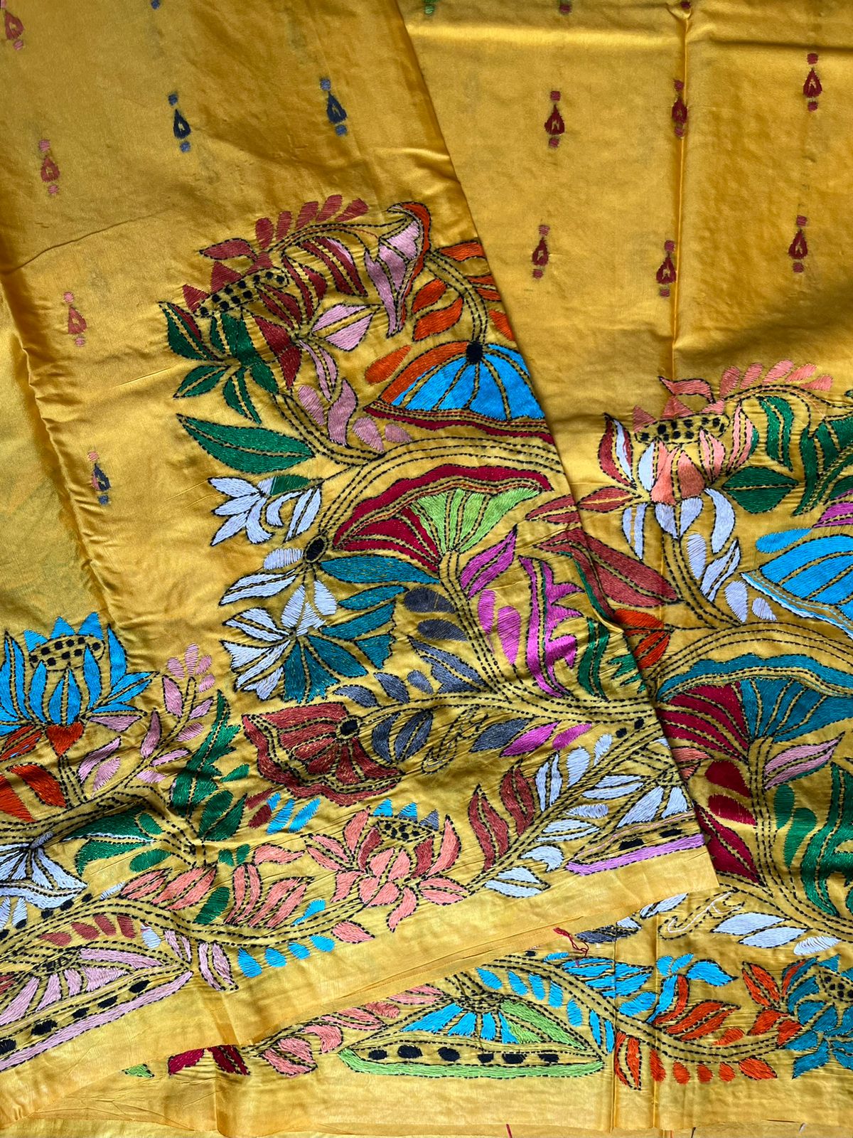 Yellow Kantha Stitch Hand Work Embroidered Art Silk Saree With Blouse