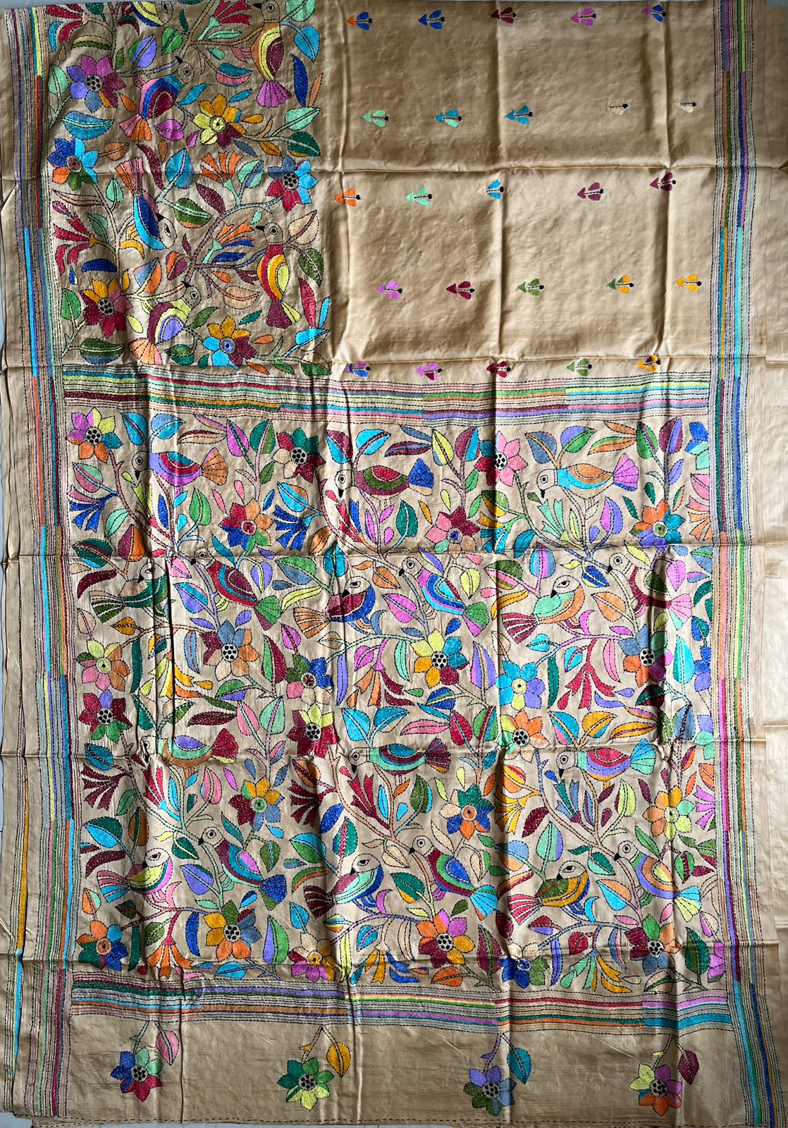 Kantha Stitch Hand Work Embroidered Art Silk Saree With Blouse