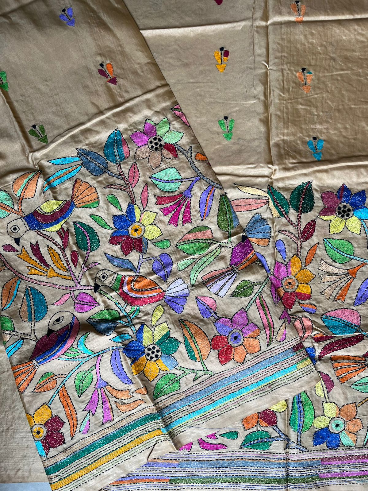 Kantha Stitch Hand Work Embroidered Art Silk Saree With Blouse