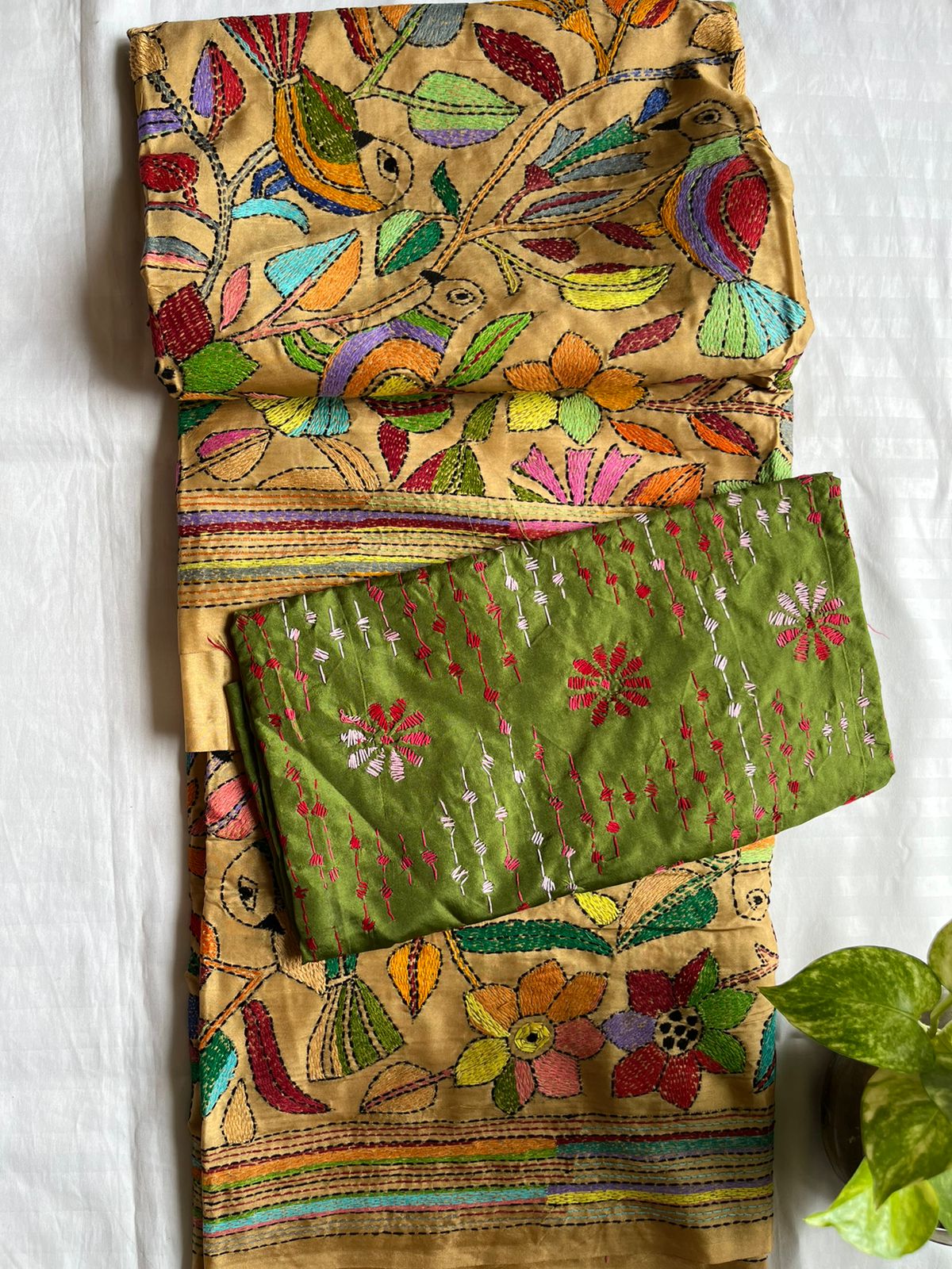 Kantha Stitch Hand Work Embroidered Art Silk Saree With Blouse