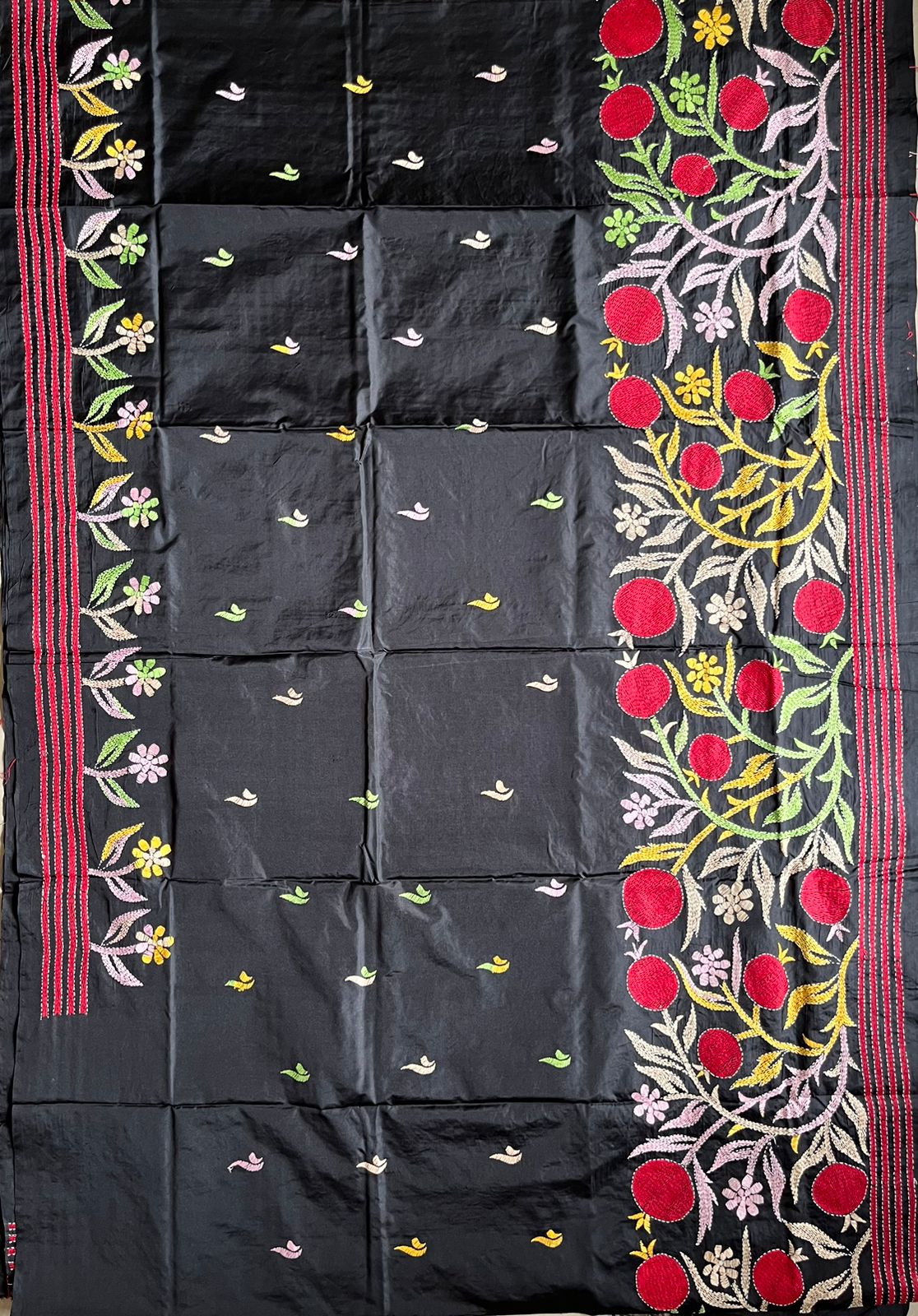 Black Kantha Stitch Hand Work Embroidered Art Silk Saree With Blouse