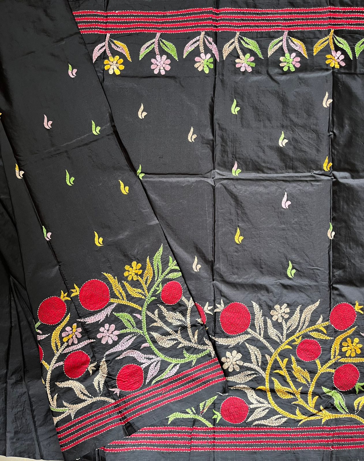 Black Kantha Stitch Hand Work Embroidered Art Silk Saree With Blouse