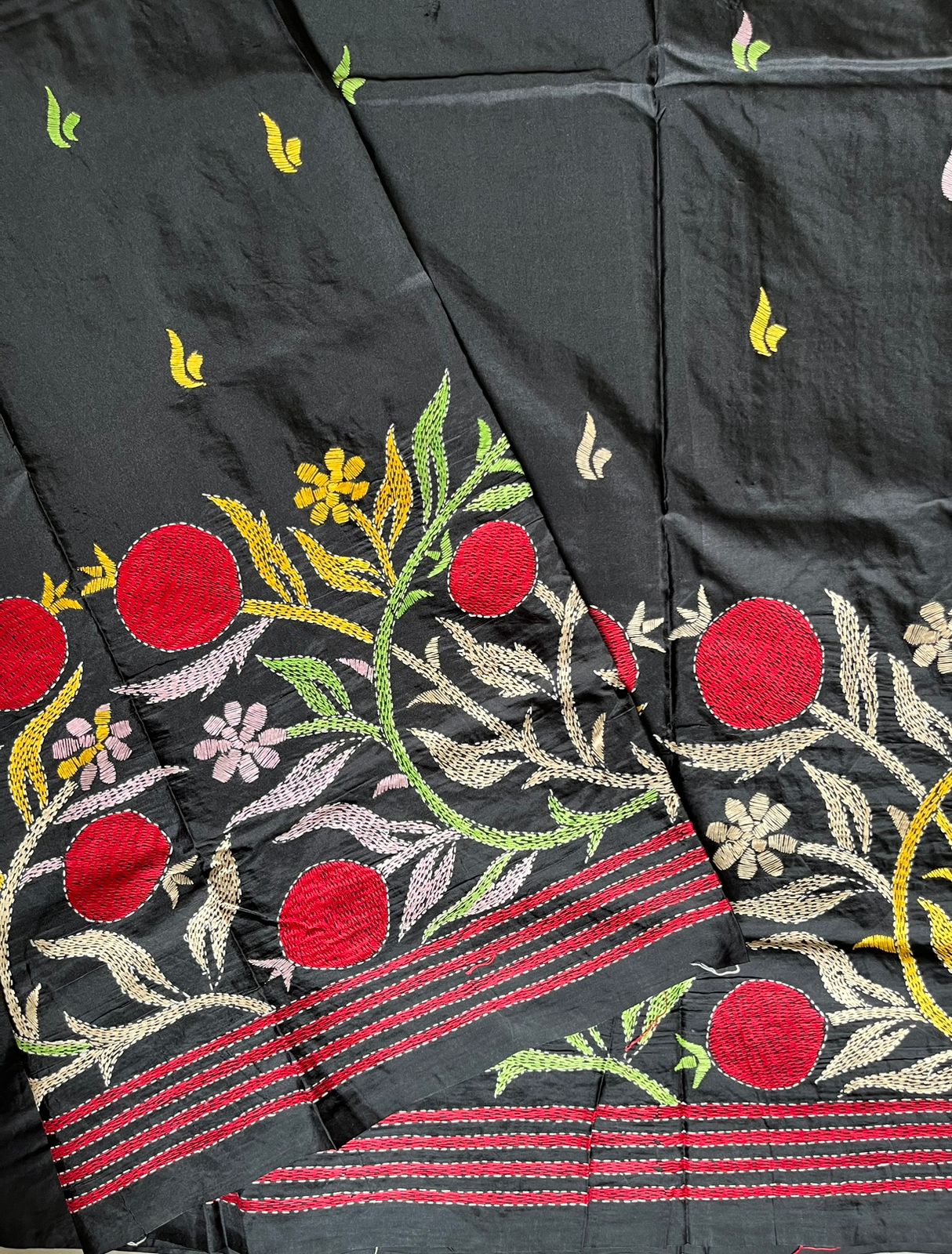 Black Kantha Stitch Hand Work Embroidered Art Silk Saree With Blouse