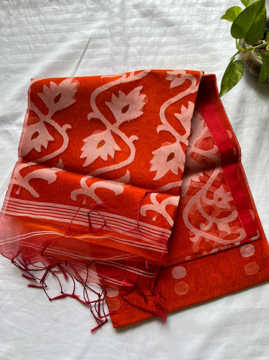 Brick Red Resham Silk Muslin Handloom Jamdani saree