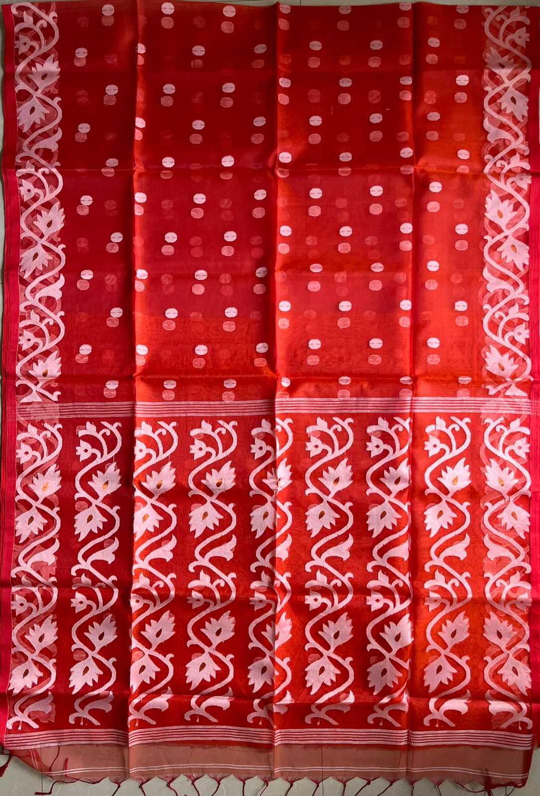 Brick Red Resham Silk Muslin Handloom Jamdani saree