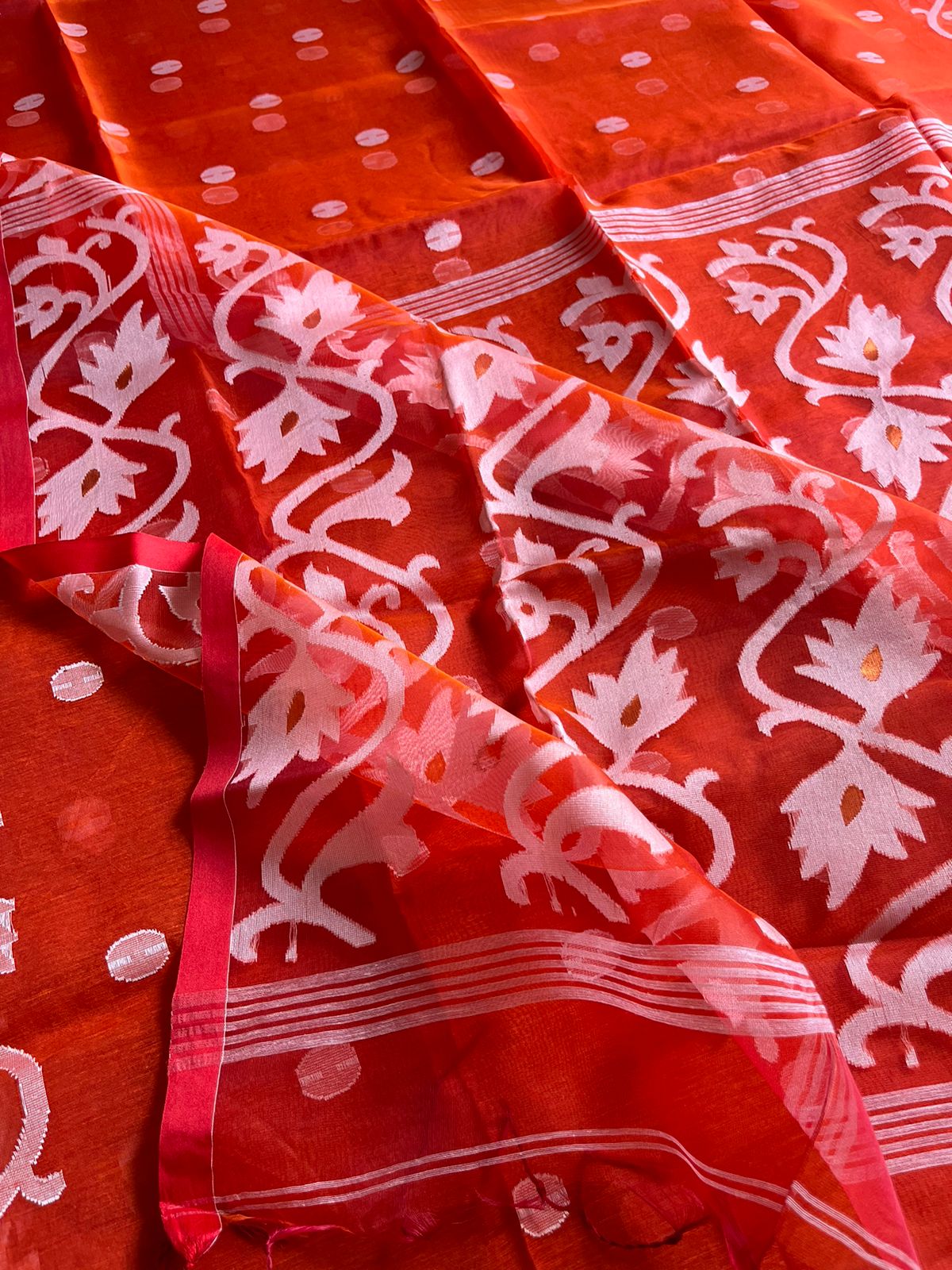 Brick Red Resham Silk Muslin Handloom Jamdani saree