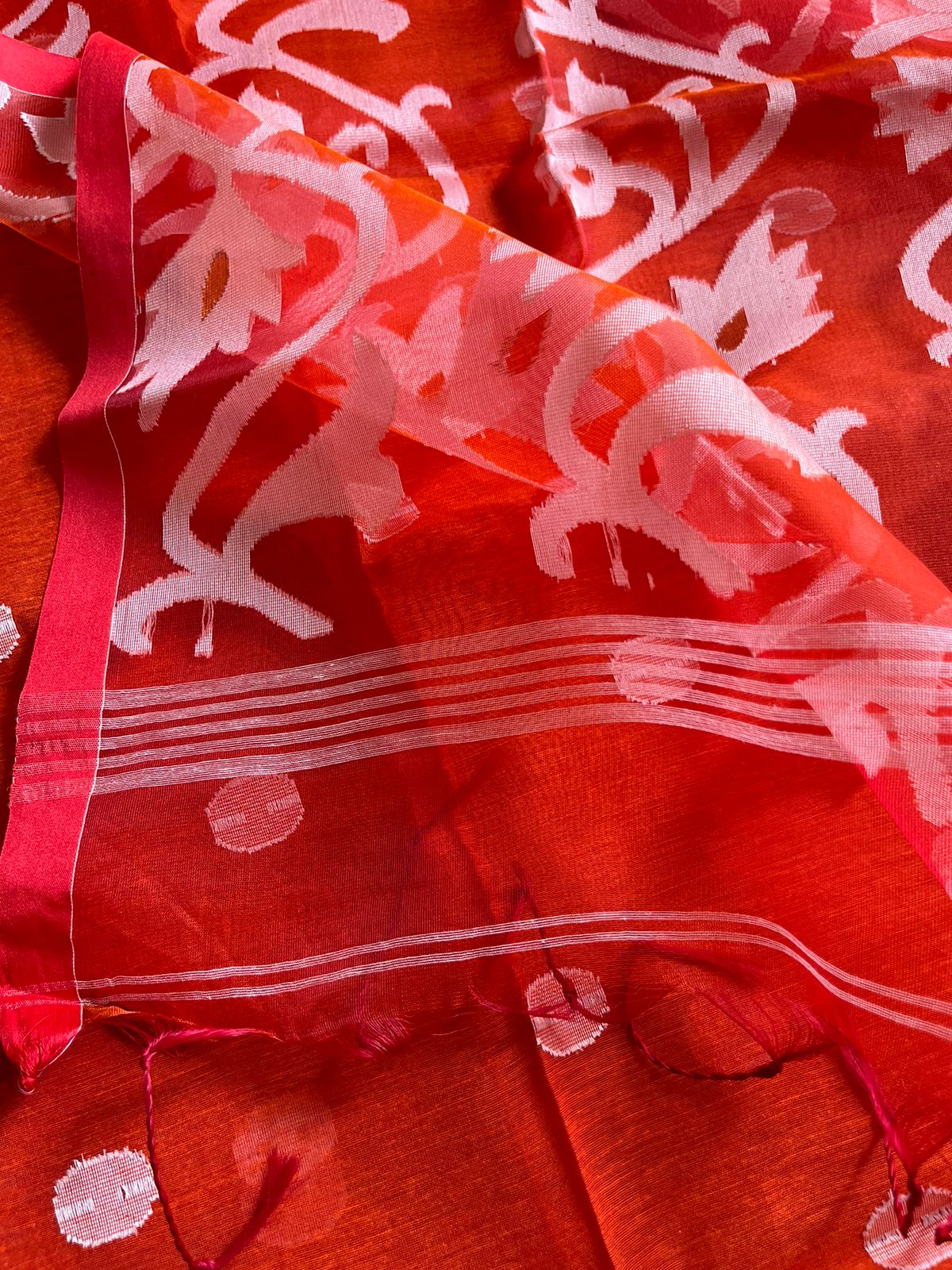 Brick Red Resham Silk Muslin Handloom Jamdani saree