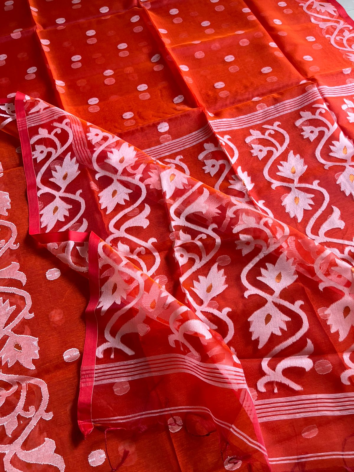 Brick Red Resham Silk Muslin Handloom Jamdani saree