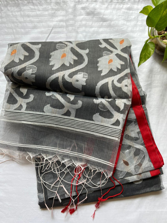 Grey Resham Silk Muslin Handloom Jamdani saree