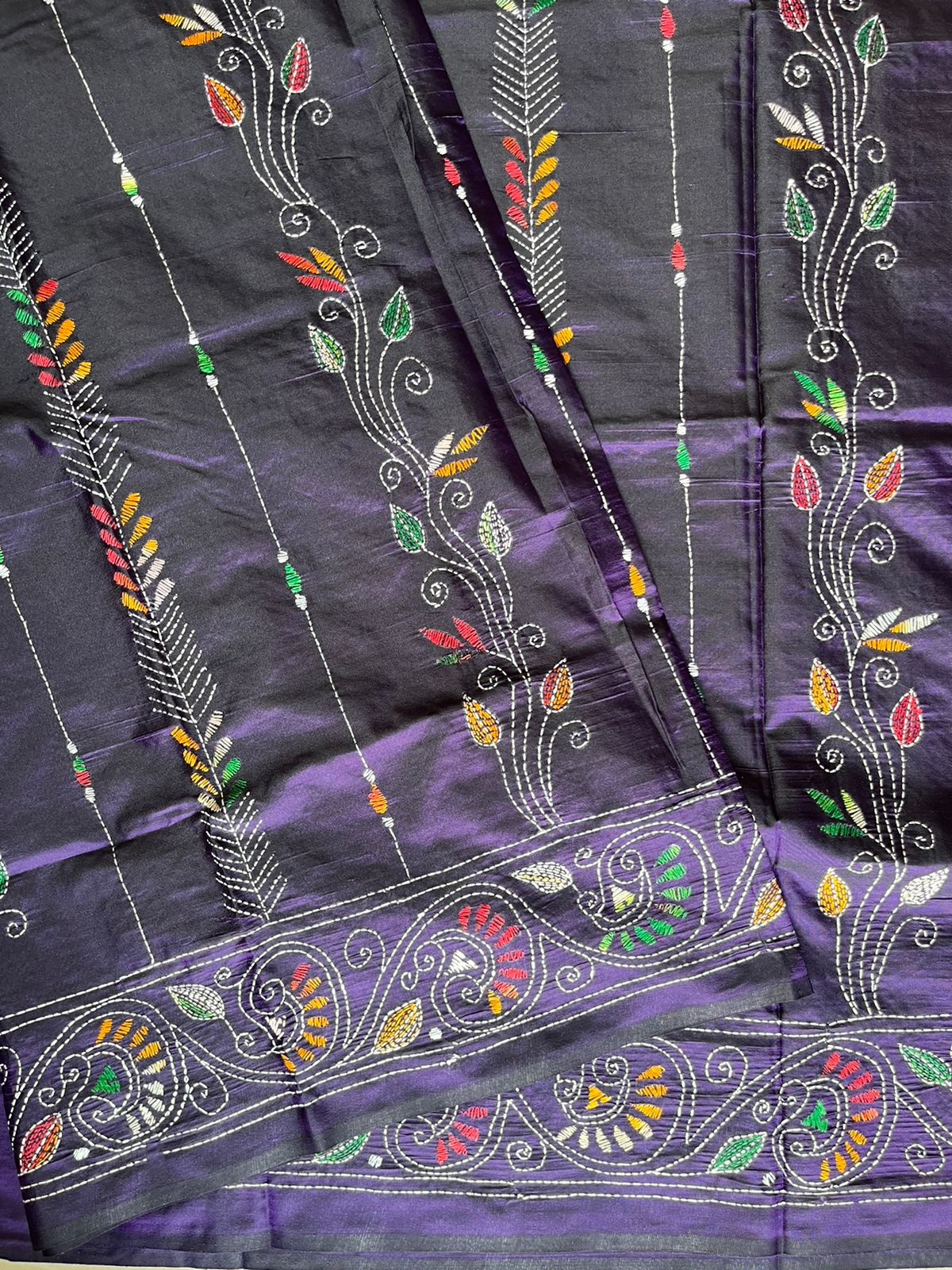 Kantha Hand Work Embroidered Art Silk Saree With Blouse