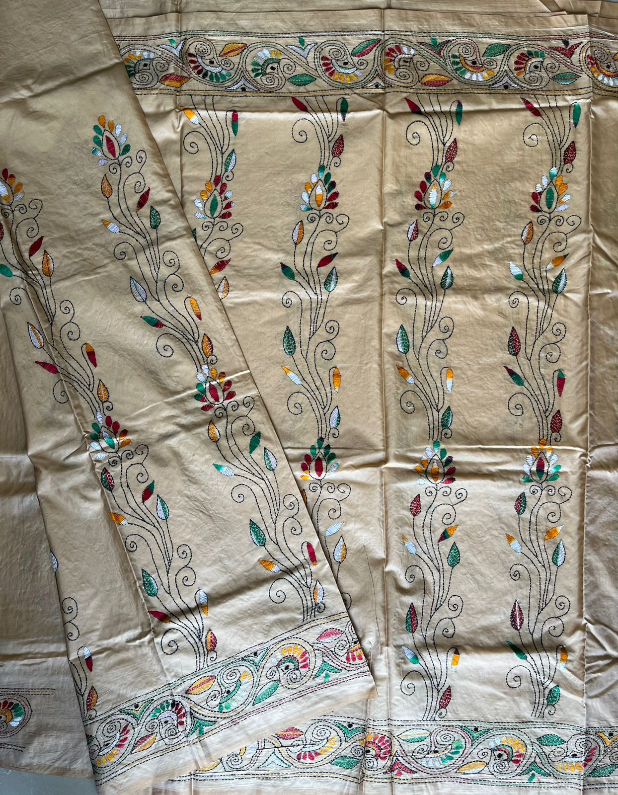 Kantha Hand Work Embroidered Art Silk Saree With Blouse