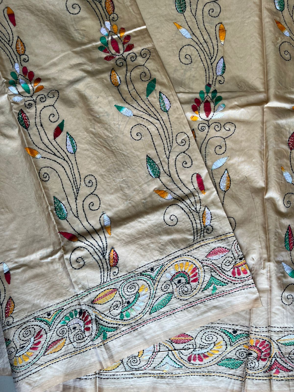 Kantha Hand Work Embroidered Art Silk Saree With Blouse