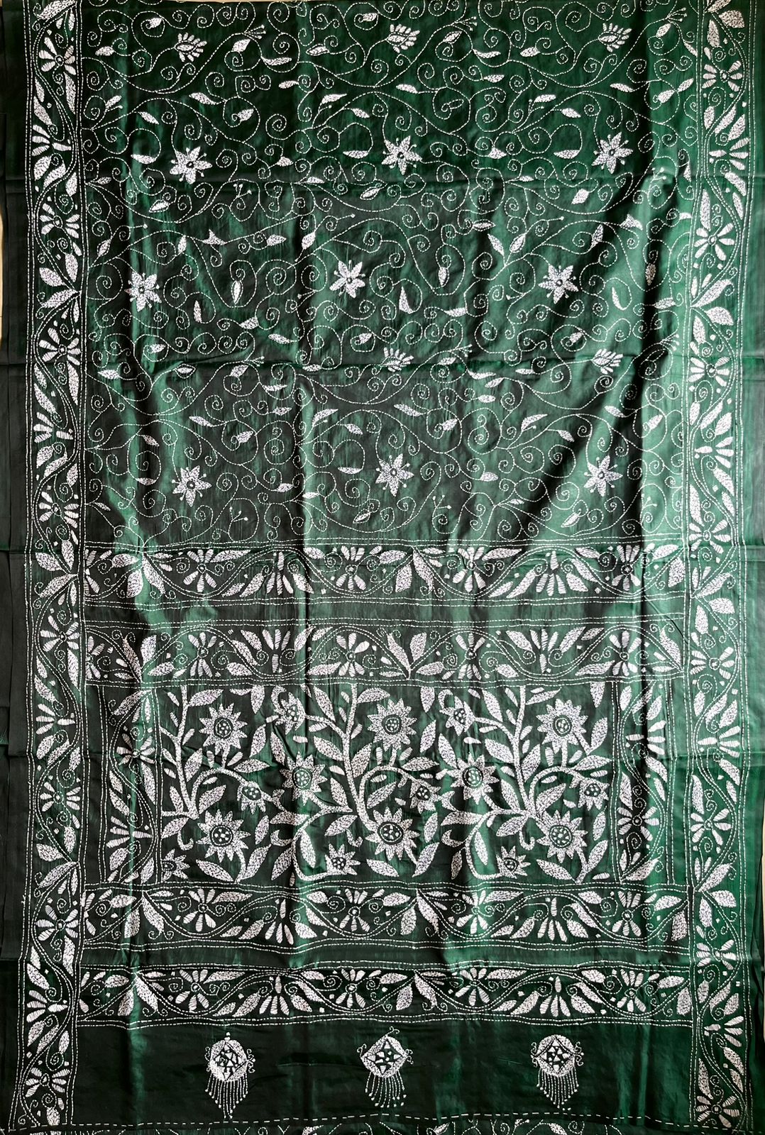 Green Kantha Hand Work Embroidered Art Silk Saree With Blouse