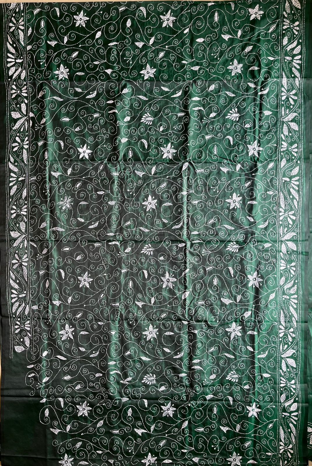 Green Kantha Hand Work Embroidered Art Silk Saree With Blouse