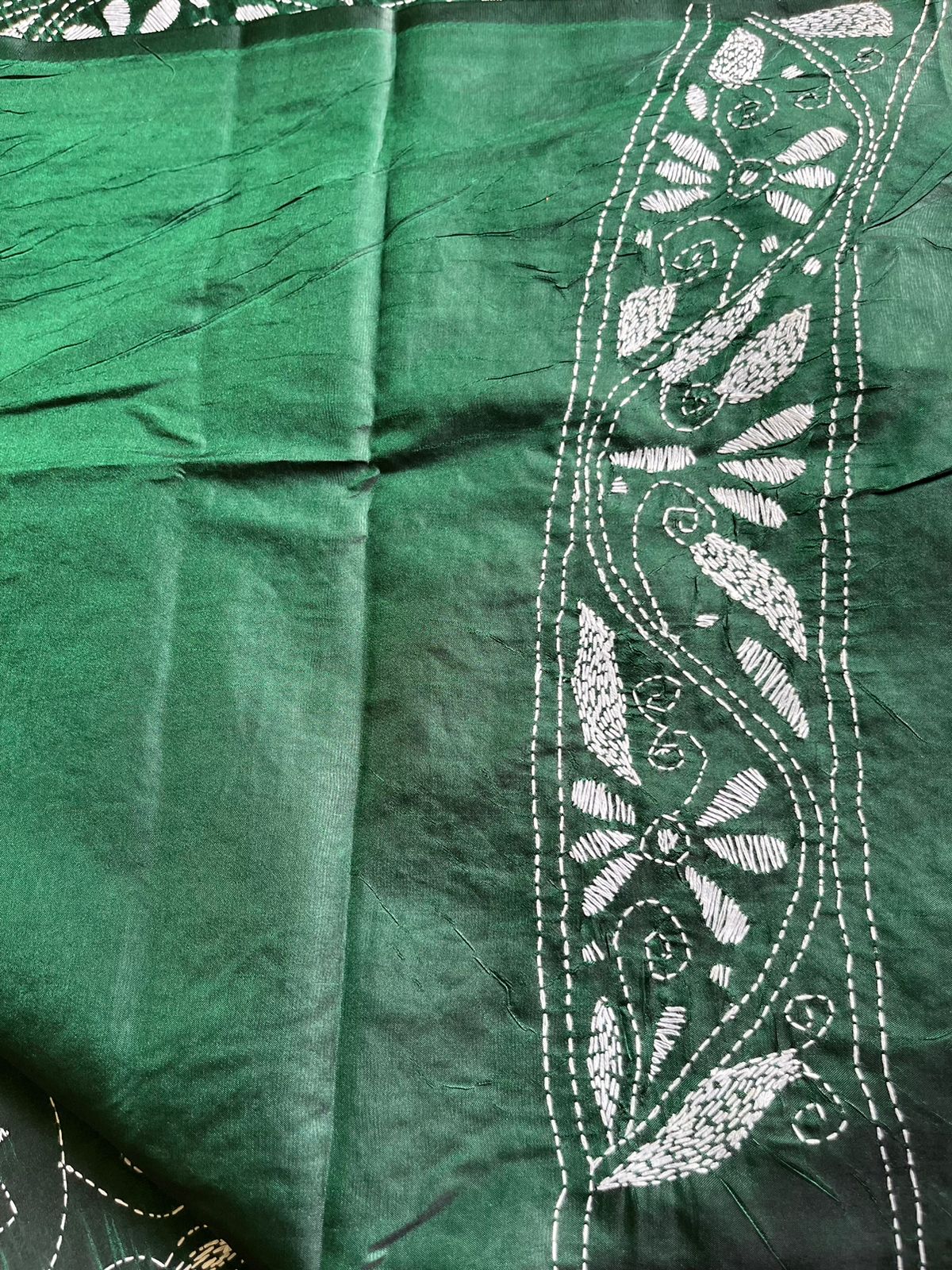 Green Kantha Hand Work Embroidered Art Silk Saree With Blouse