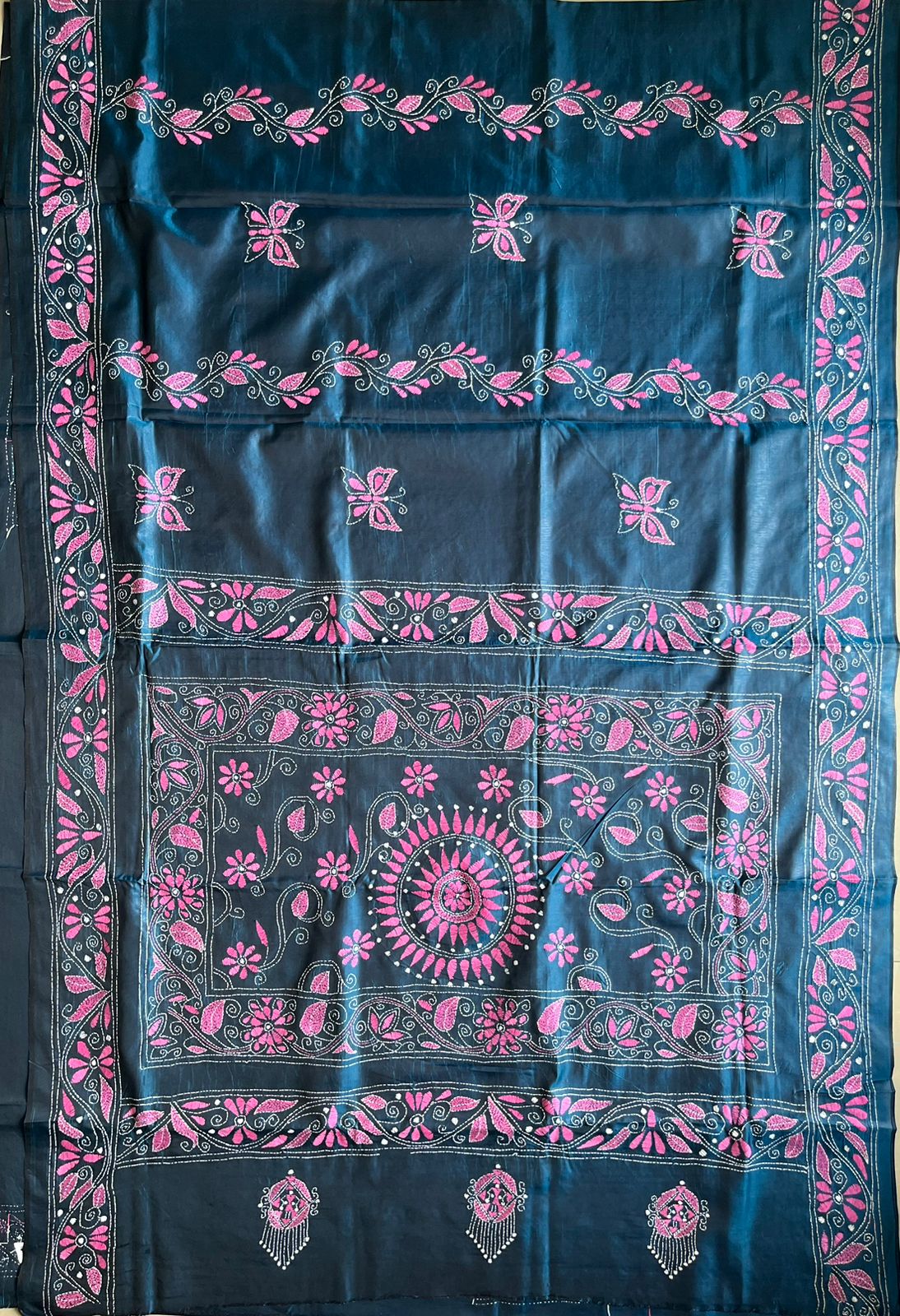 Kantha Hand Work Embroidered Art Silk Saree With Blouse