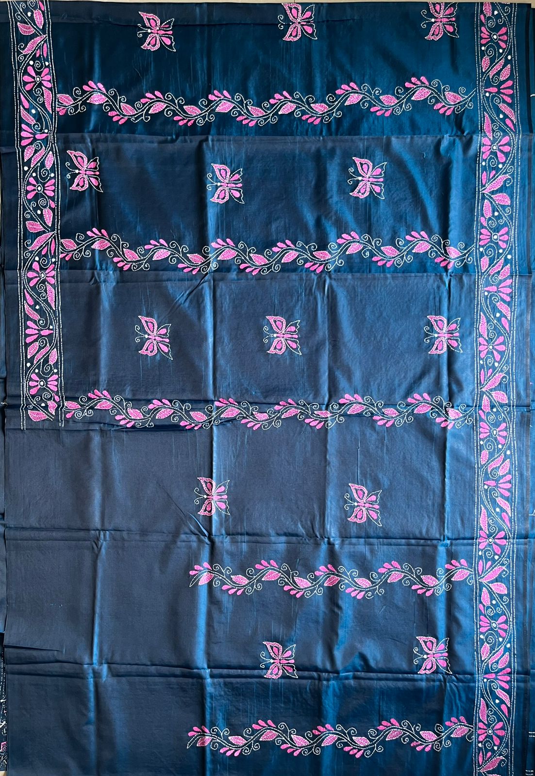 Kantha Hand Work Embroidered Art Silk Saree With Blouse