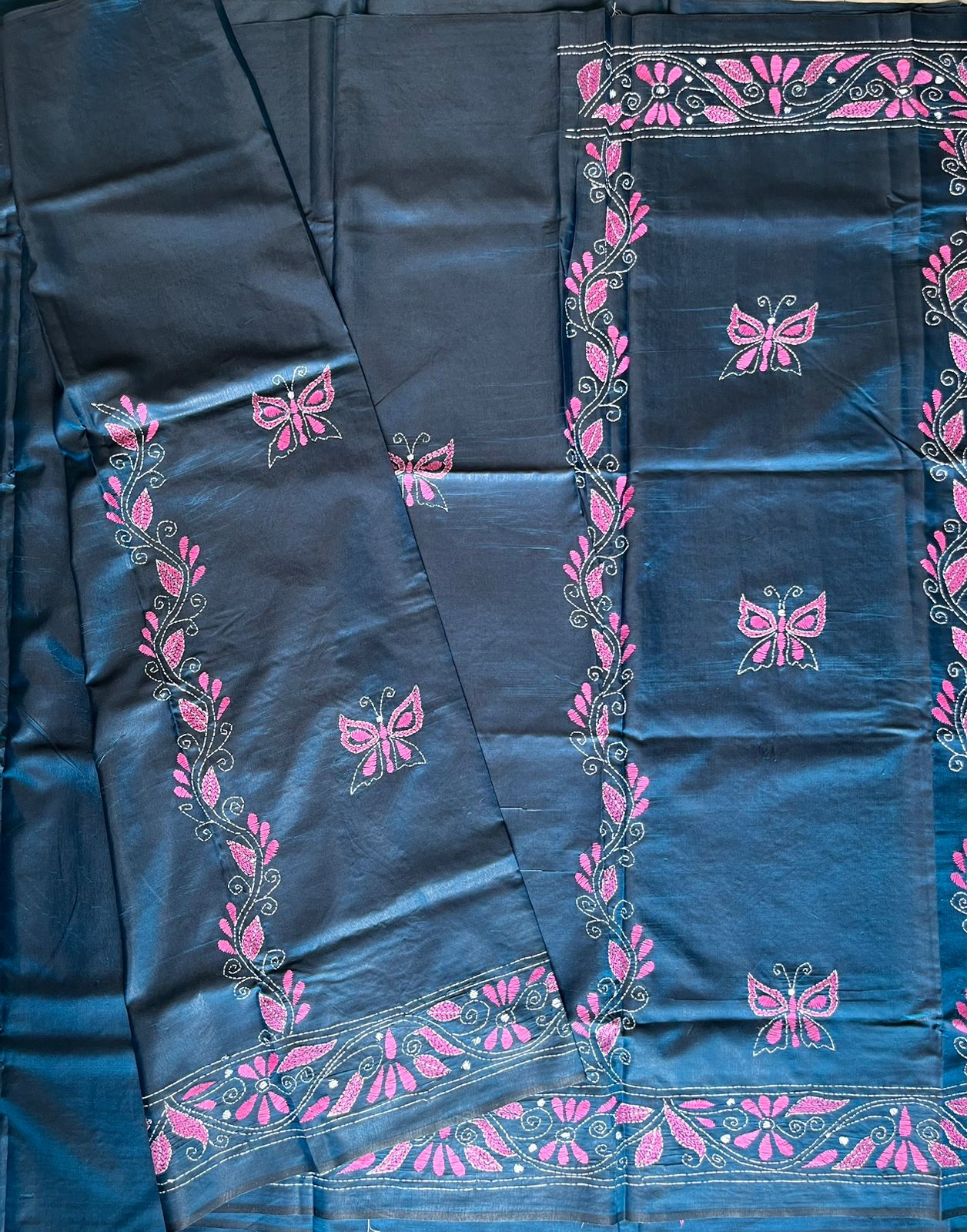 Kantha Hand Work Embroidered Art Silk Saree With Blouse