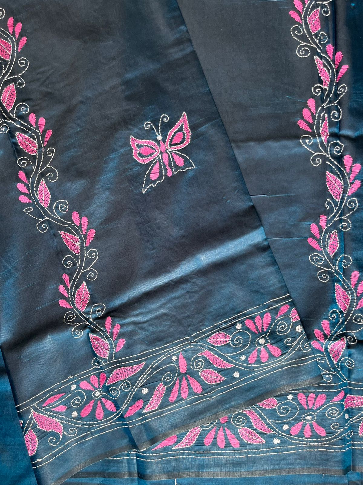 Kantha Hand Work Embroidered Art Silk Saree With Blouse