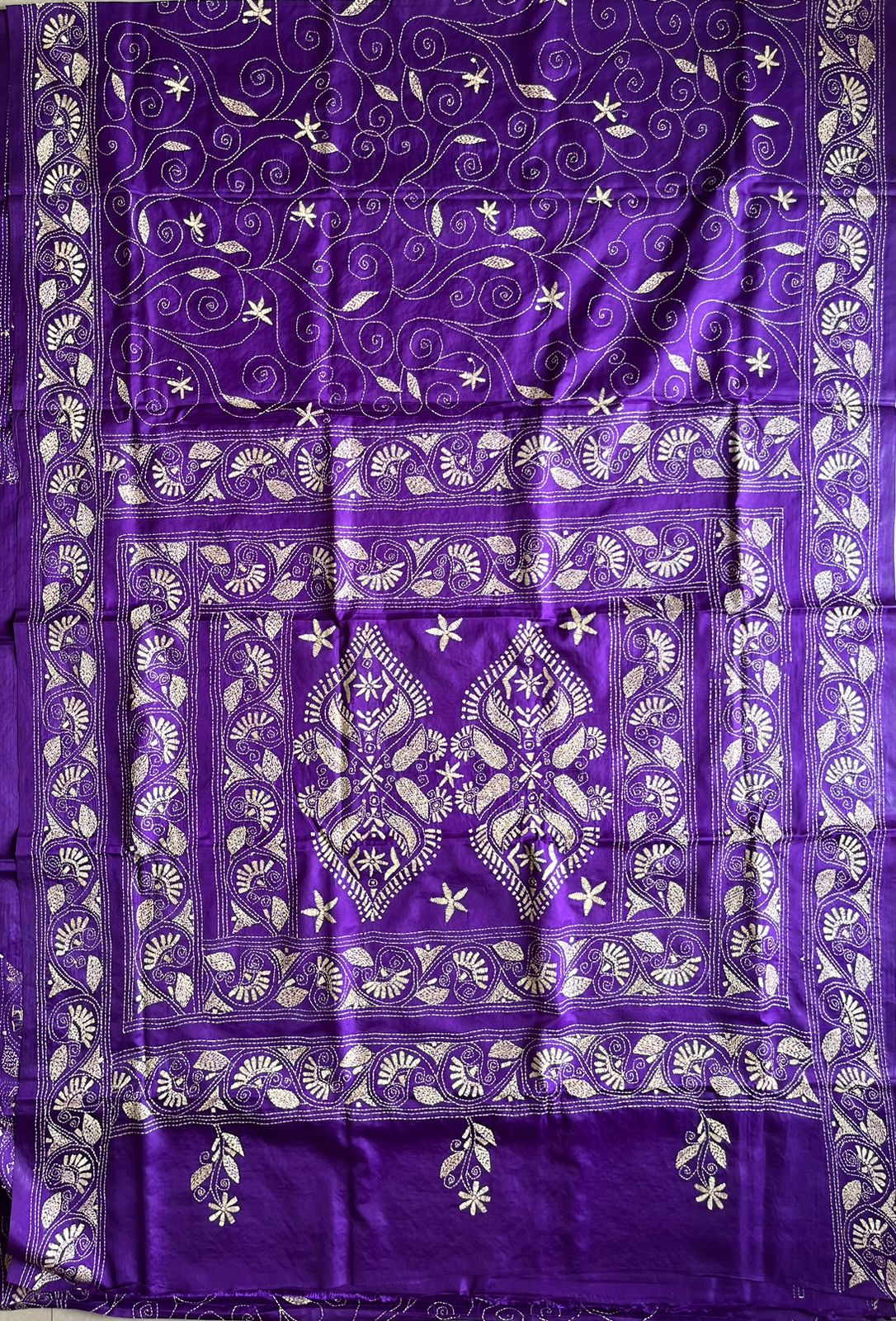 Purple Kantha Hand Work Embroidered Art Silk Saree With Blouse