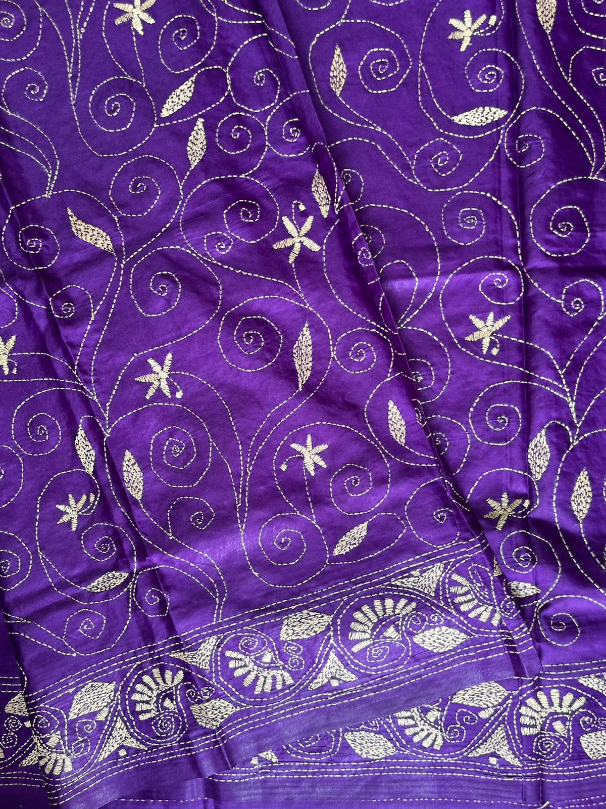 Purple Kantha Hand Work Embroidered Art Silk Saree With Blouse