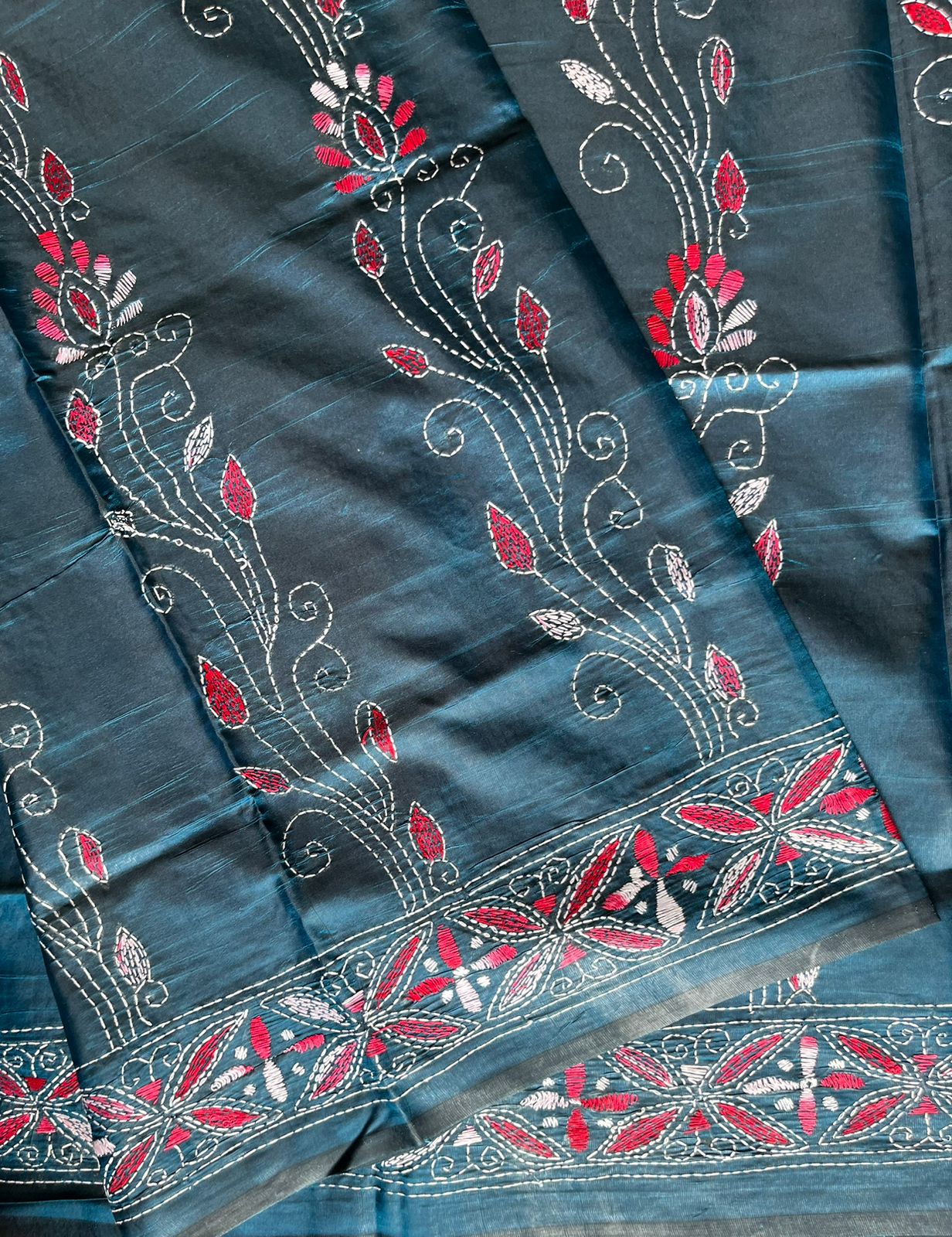 Kantha Hand Work Embroidered Art Silk Saree With Blouse