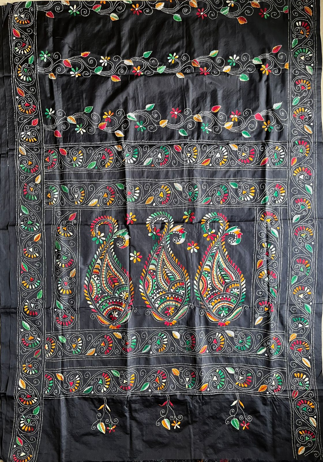 Black Kantha Hand Work Embroidered Art Silk Saree With Blouse