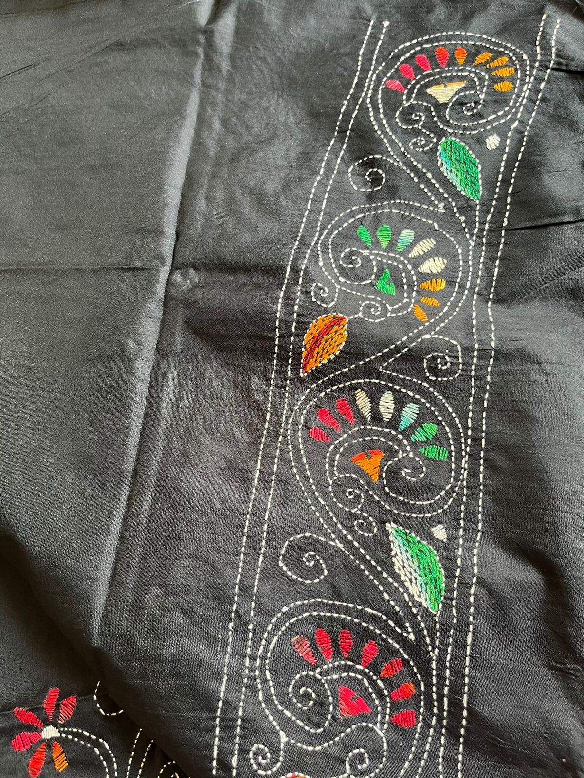 Black Kantha Hand Work Embroidered Art Silk Saree With Blouse