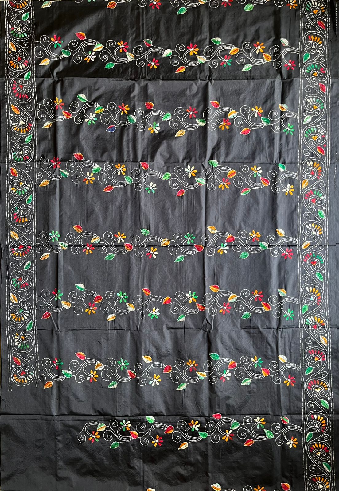 Black Kantha Hand Work Embroidered Art Silk Saree With Blouse