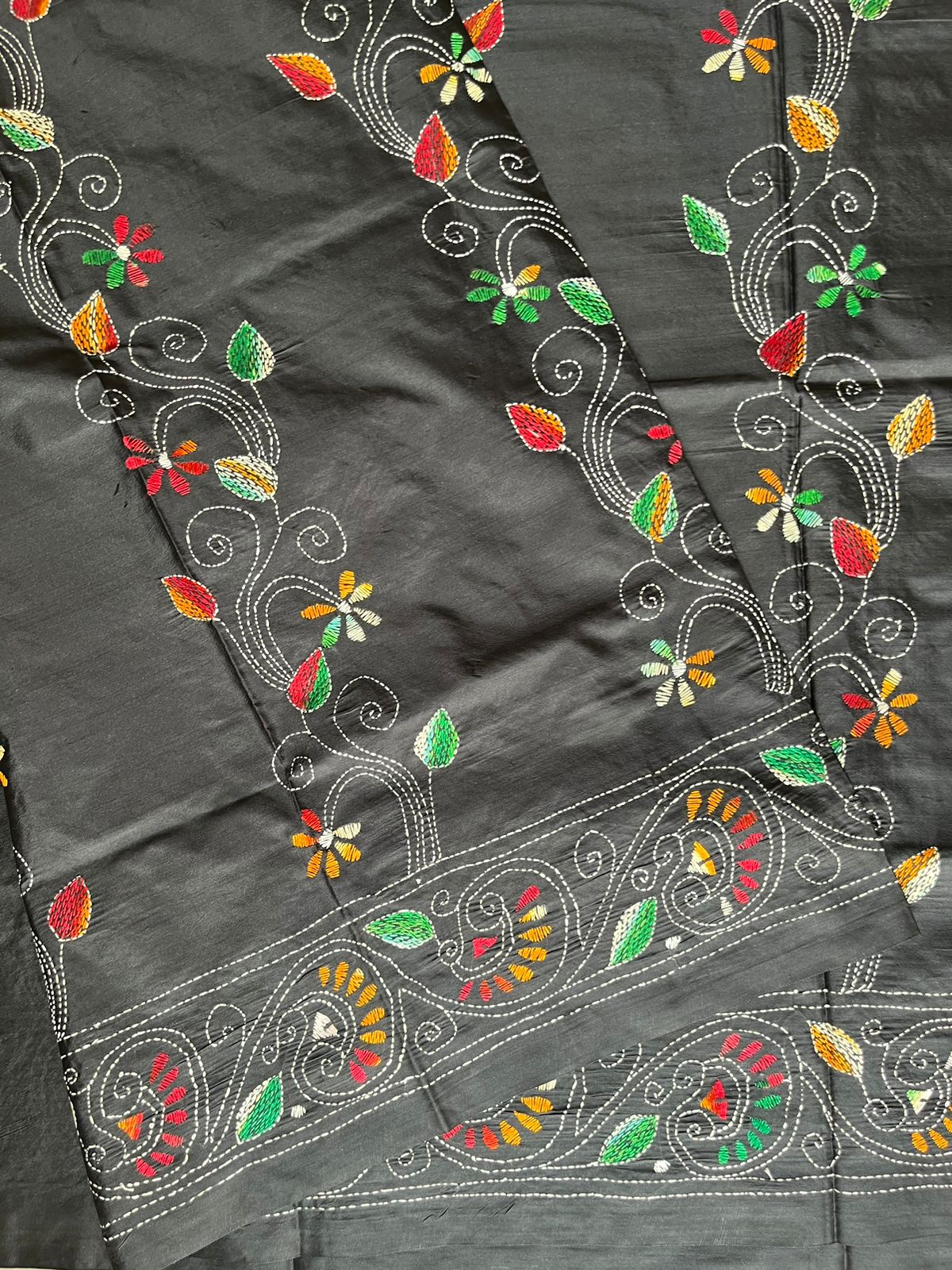 Black Kantha Hand Work Embroidered Art Silk Saree With Blouse