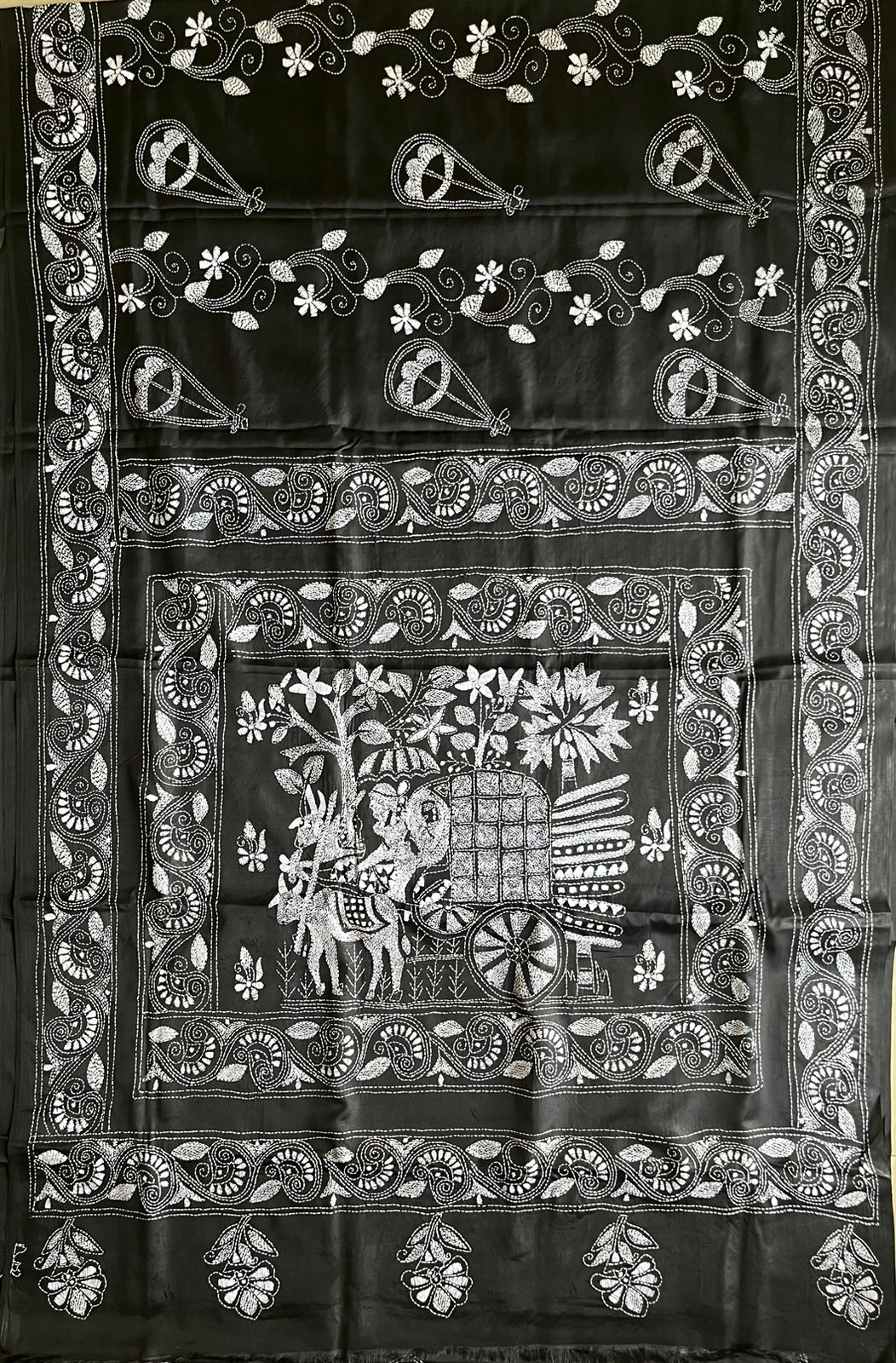 Black Kantha Hand Work Embroidered Art Silk Saree With Blouse