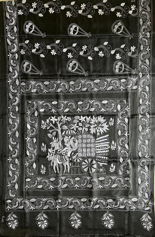 Black Kantha Hand Work Embroidered Art Silk Saree With Blouse