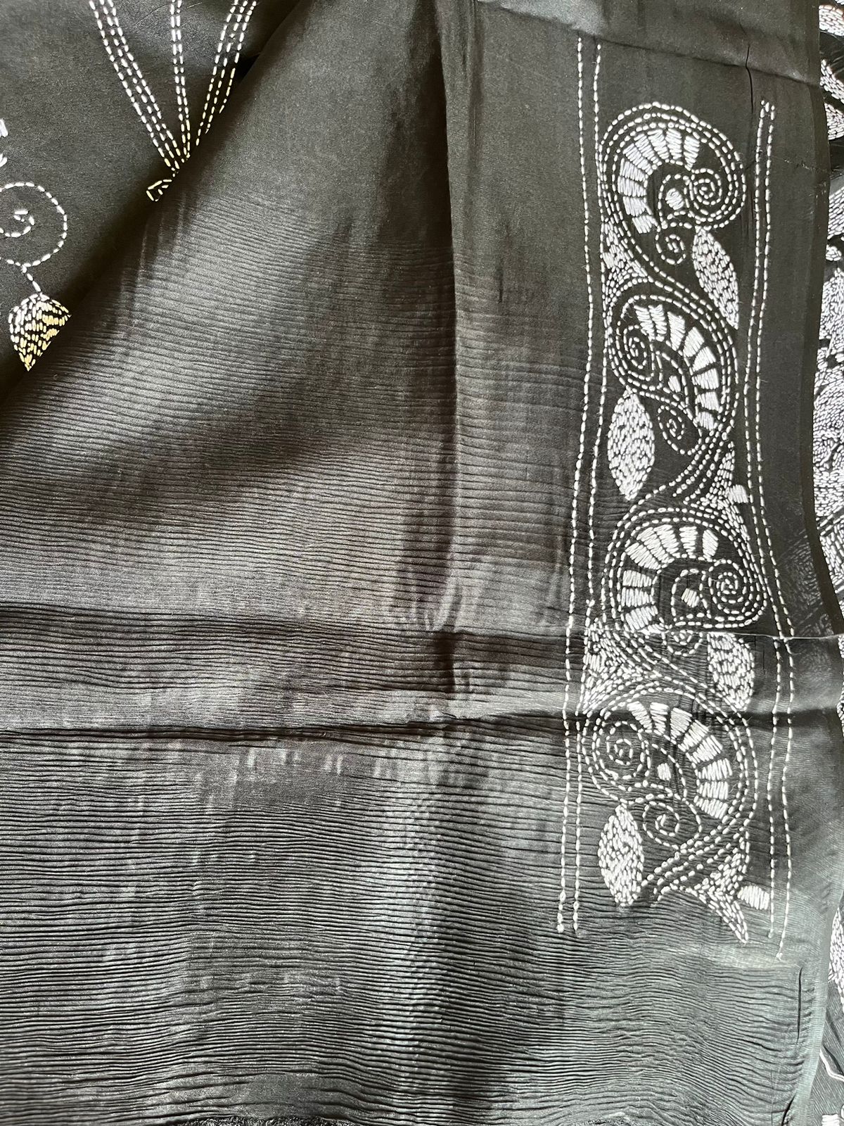 Black Kantha Hand Work Embroidered Art Silk Saree With Blouse