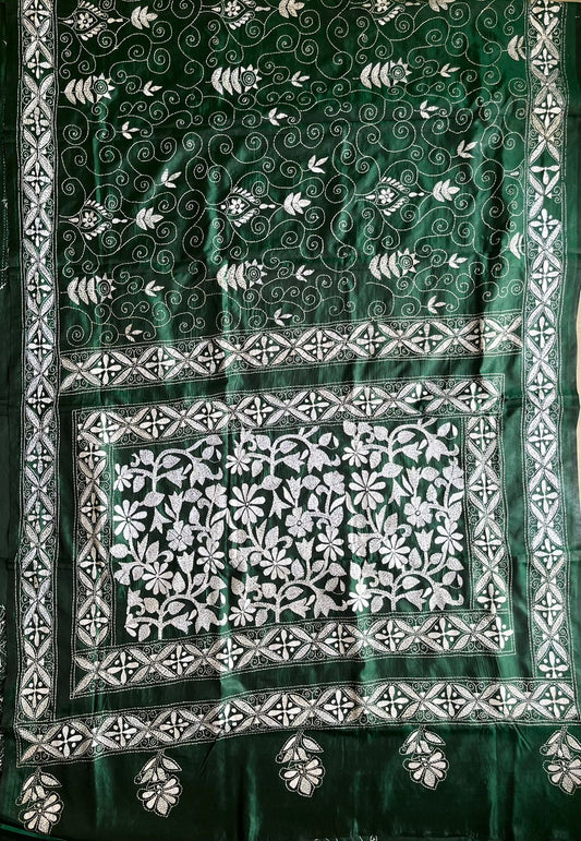 Green Kantha Hand Work Embroidered Art Silk Saree With Blouse