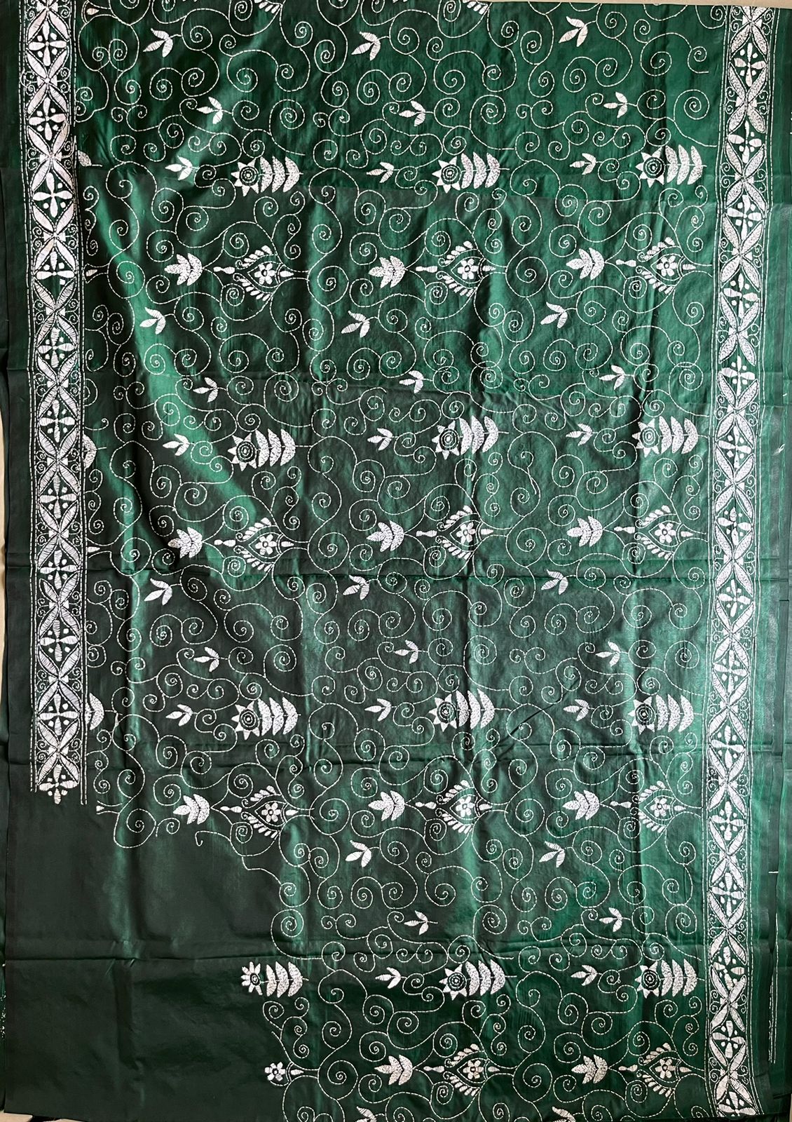 Green Kantha Hand Work Embroidered Art Silk Saree With Blouse