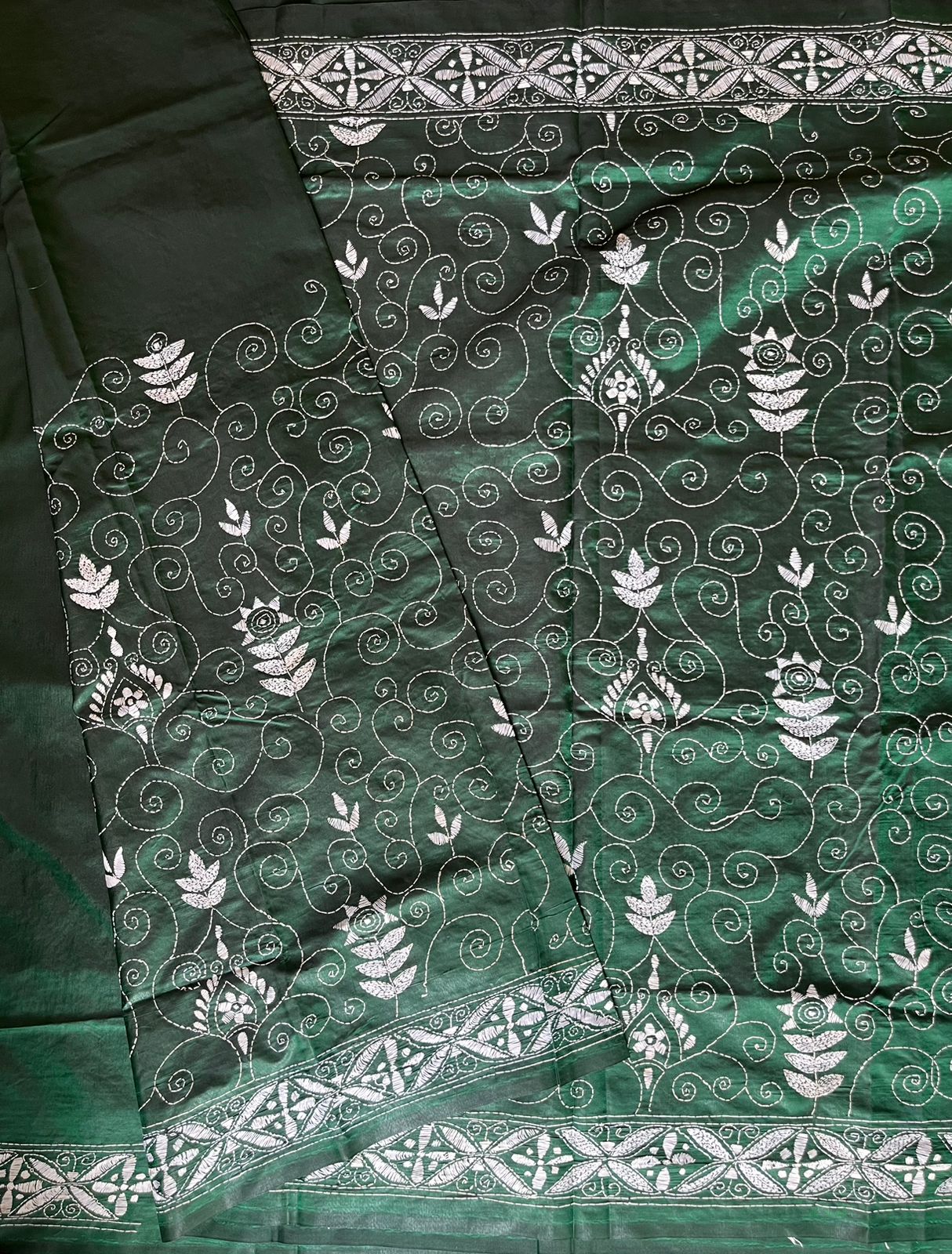 Green Kantha Hand Work Embroidered Art Silk Saree With Blouse