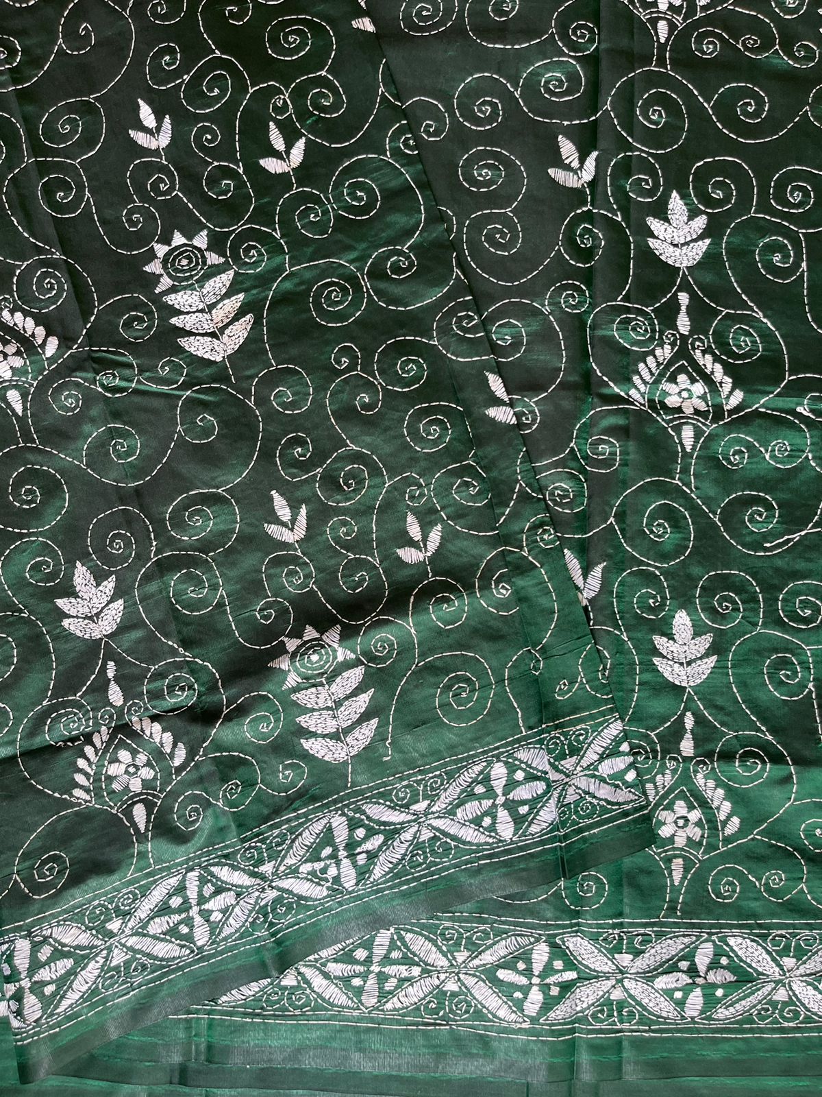 Green Kantha Hand Work Embroidered Art Silk Saree With Blouse