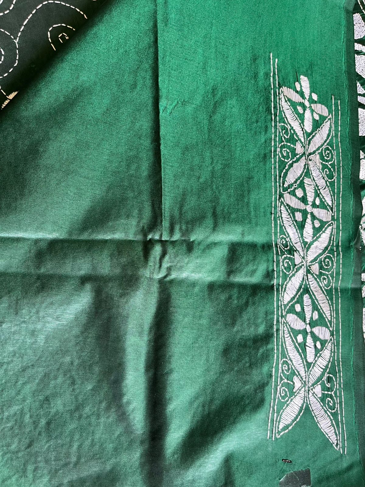 Green Kantha Hand Work Embroidered Art Silk Saree With Blouse