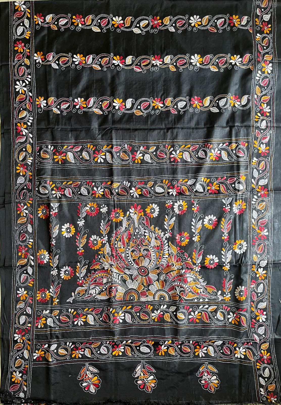 Black Kantha Hand Work Embroidered Art Silk Saree With Blouse