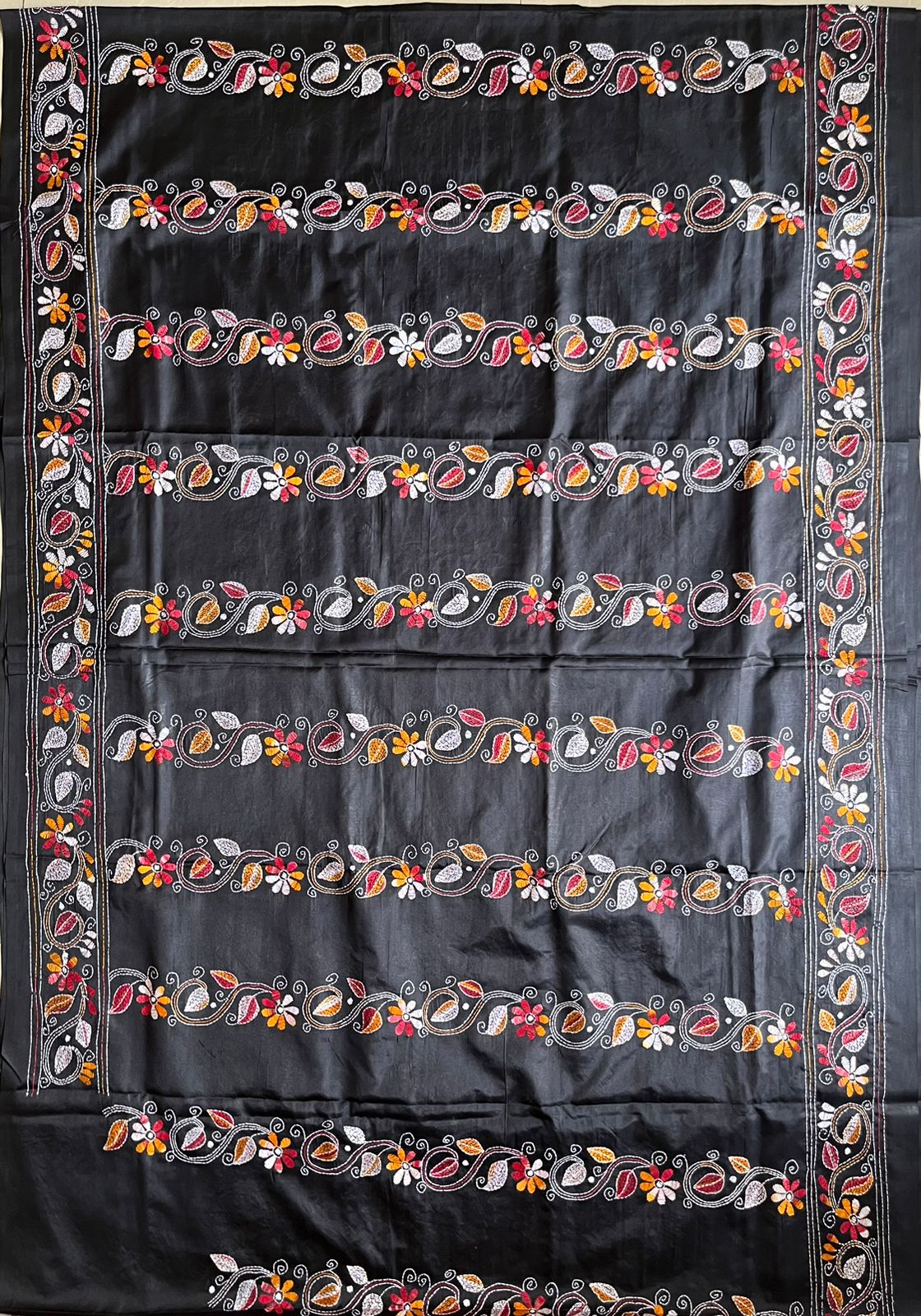 Black Kantha Hand Work Embroidered Art Silk Saree With Blouse