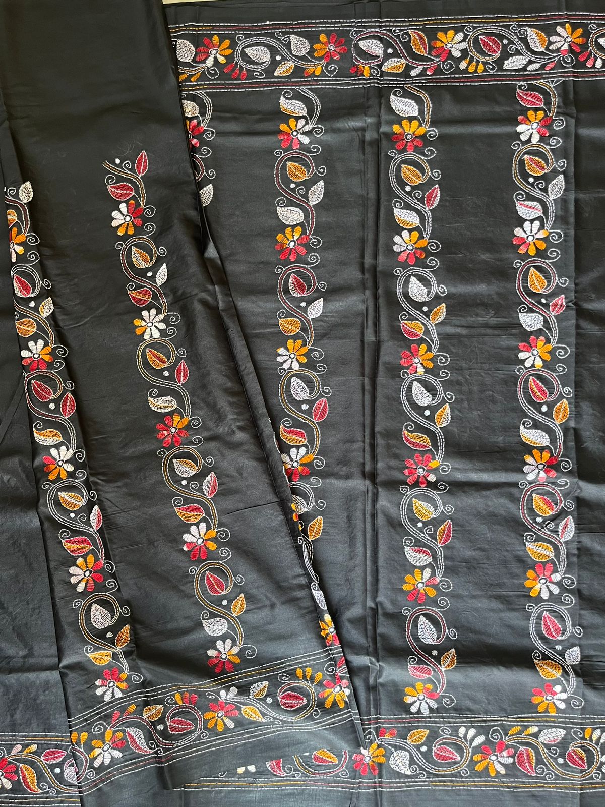 Black Kantha Hand Work Embroidered Art Silk Saree With Blouse